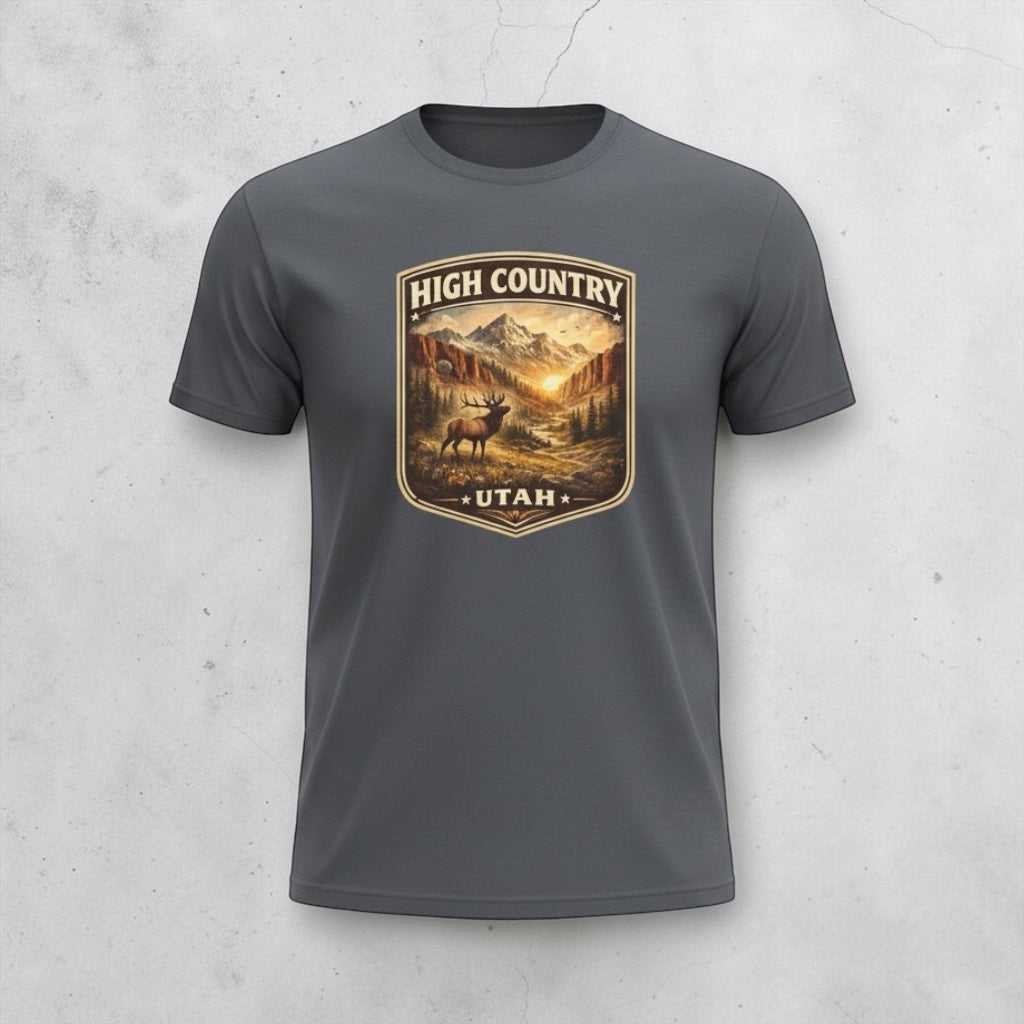 Vintage mountain elk graphic T-shirt from Big Sky Ranch Co., featuring high country Utah scenery and rugged outdoor design.