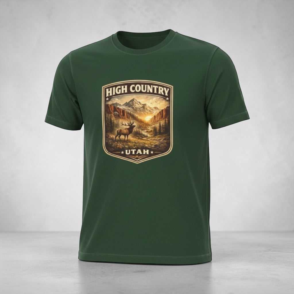 Vintage High Country Utah T-Shirt by Big Sky Ranch Co. featuring a mountain elk graphic on a casual cotton tee.