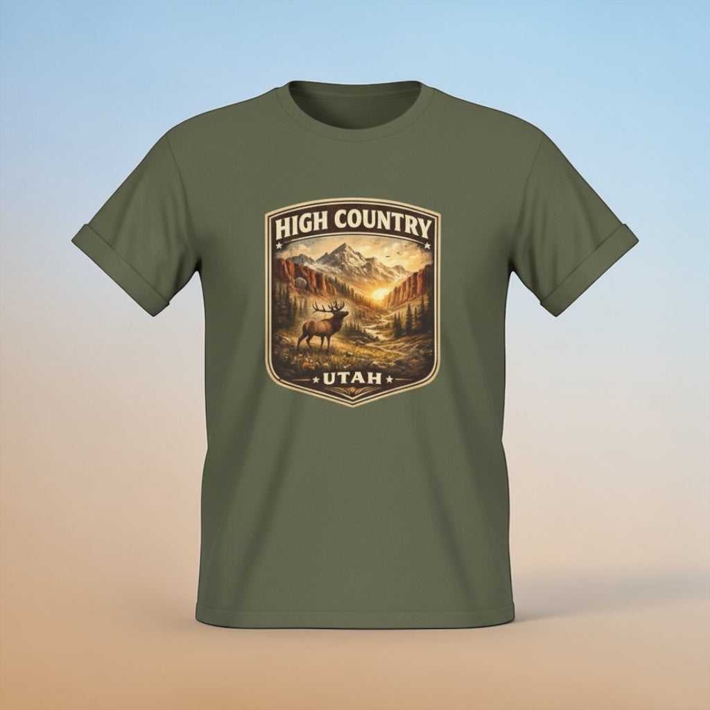 Vintage Mountain Elk graphic T-shirt from Big Sky Ranch Co., featuring a mountain landscape and elk illustration.