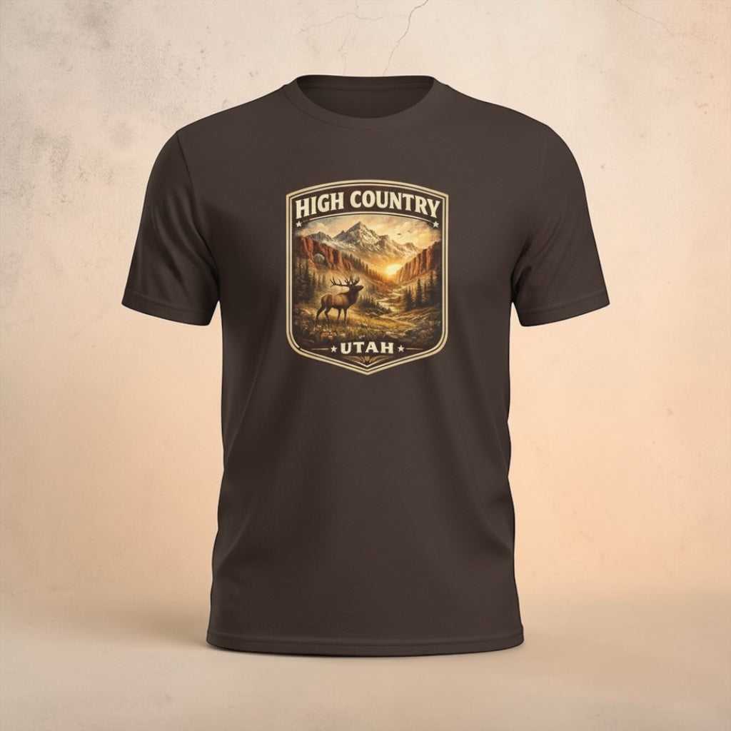 Vintage mountain elk graphic T-shirt by Big Sky Ranch Co., featuring rugged outdoor design on a High Country Utah-themed tee.
