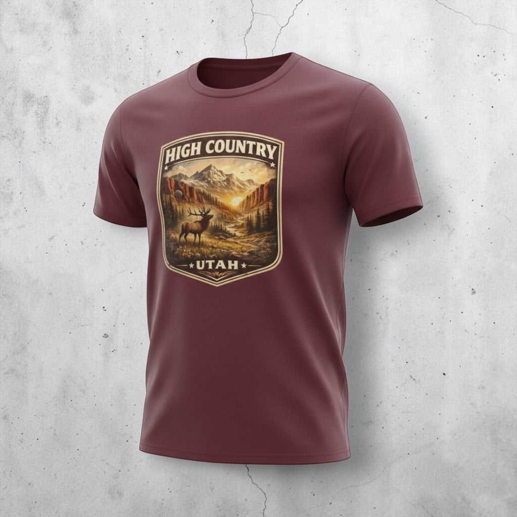 Vintage mountain elk graphic T-shirt by Big Sky Ranch Co., featuring a high country Utah scene on a comfortable casual tee.