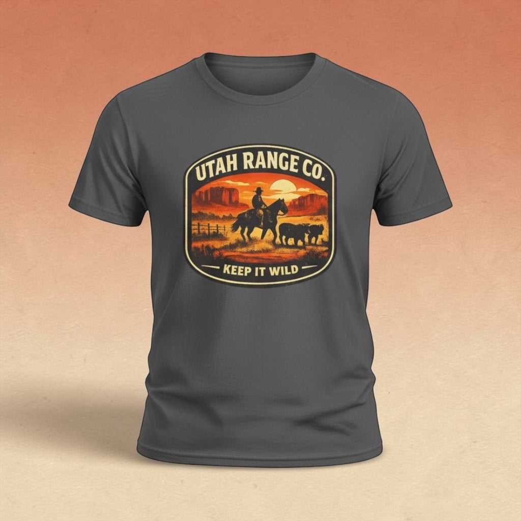Big Sky Ranch Co. Utah Range Co. "Keep It Wild" cowboy sunset t-shirt featuring a rugged cowboy and sunset design.