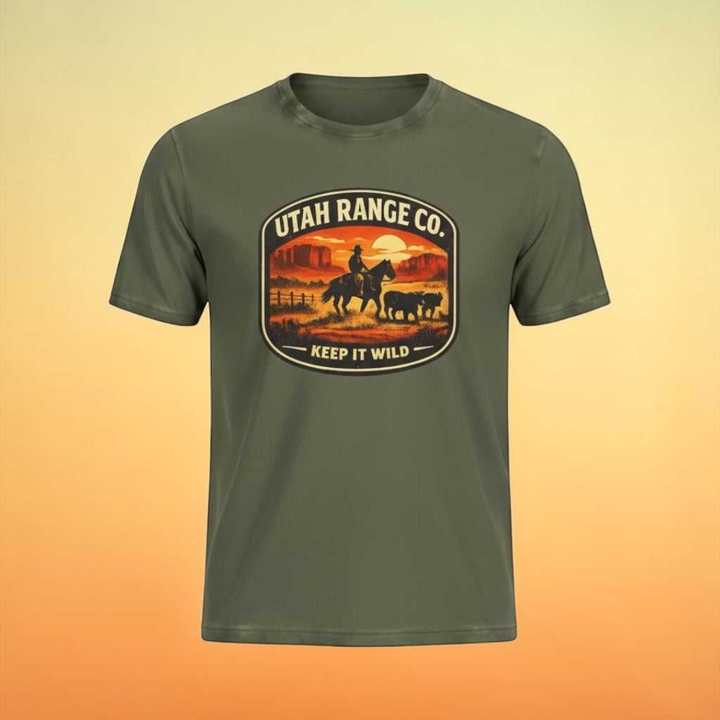 Big Sky Ranch Co. Keep It Wild cowboy sunset T-shirt featuring a vibrant western sunset design on soft cotton fabric.