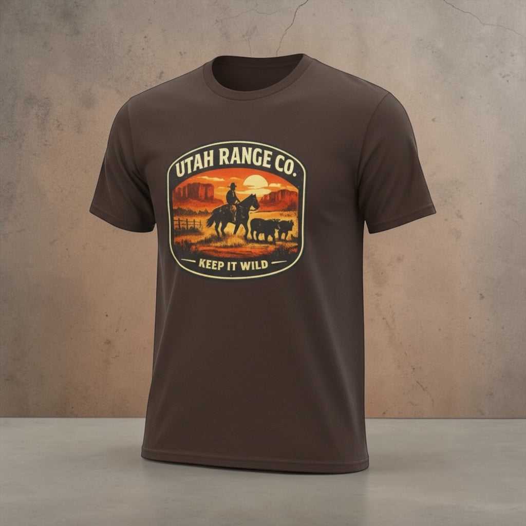 Big Sky Ranch Co. Utah Range Co. "Keep It Wild" cowboy sunset T-shirt with sunset graphic and western design on soft fabric.