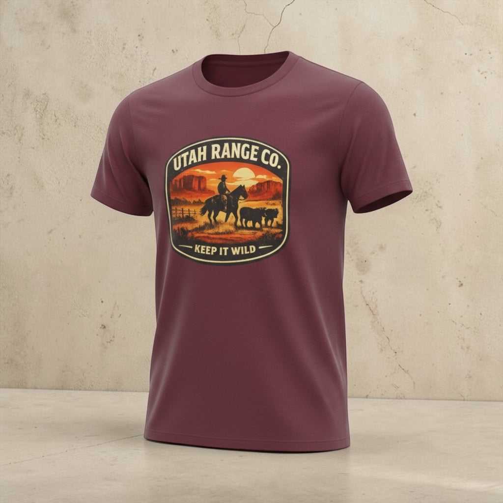 Big Sky Ranch Co. "Keep It Wild" cowboy sunset T-shirt featuring a vibrant western sunset design on soft cotton fabric.