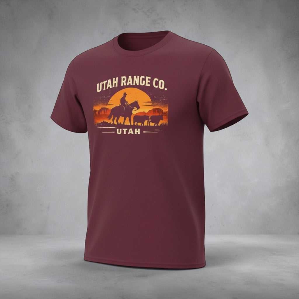 Sunset cowboy T-shirt by Big Sky Ranch Co., featuring western-inspired design with Utah Range Co. branding on soft cotton fabric.