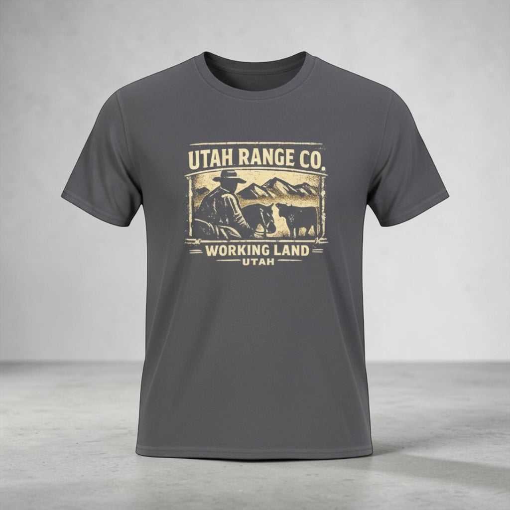 Big Sky Ranch Co. Utah Range Co. 'Working Land' graphic cowboy ranch T-shirt featuring vintage-style land and cattle illustrations.
