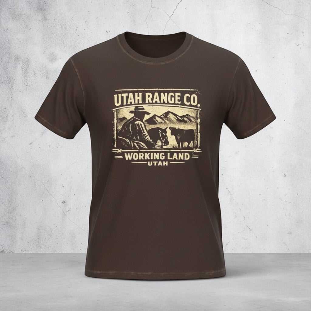 Vintage cowboy ranch graphic T-shirt by Big Sky Ranch Co. featuring Utah Range Co. 'Working Land' design on soft cotton tee.
