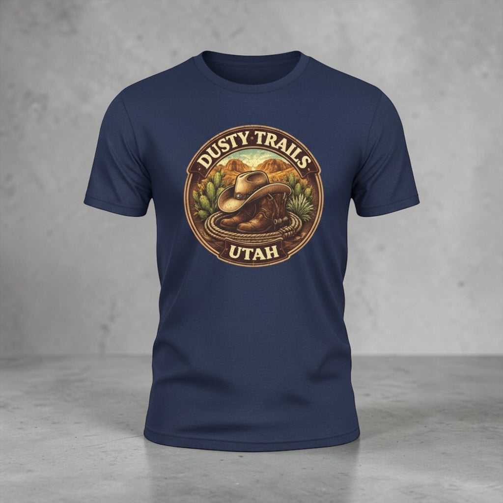 Big Sky Ranch Co. Dusty Trails Utah cowboy hat graphic T-shirt featuring a western-inspired design on soft cotton fabric.