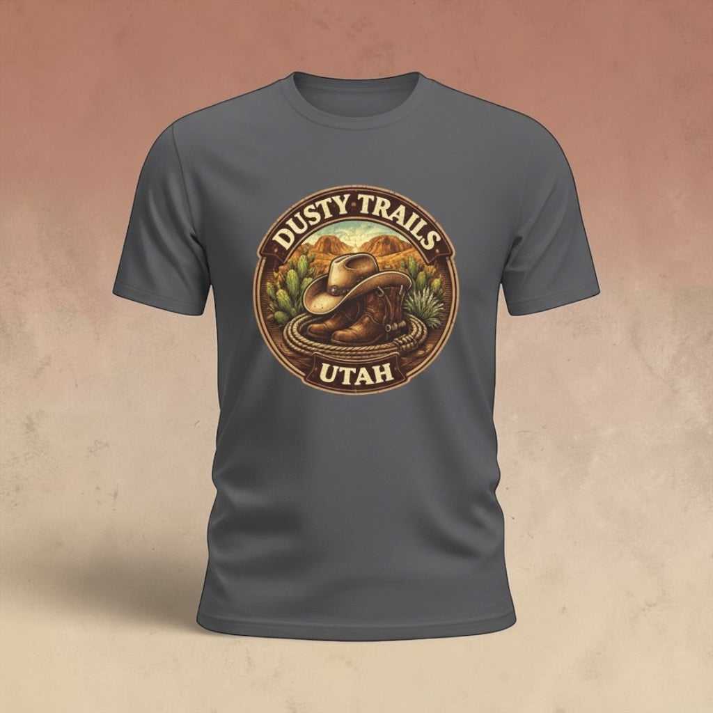 Big Sky Ranch Co. Dusty Trails Utah Cowboy Hat T-shirt featuring a Western-inspired graphic design on soft cotton fabric.