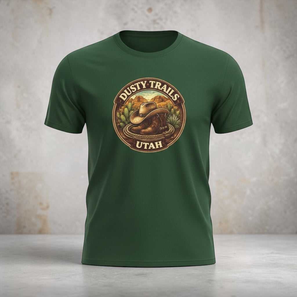 Big Sky Ranch Co. Dusty Trails Utah cowboy hat T-shirt featuring southwestern-inspired design and rugged outdoor style.