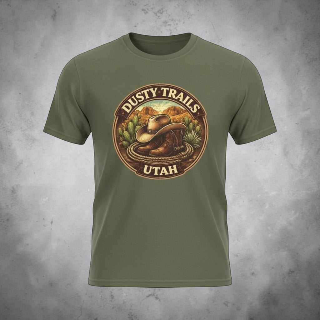 Dusty Trails Utah cowboy hat T-shirt by Big Sky Ranch Co., featuring a western-inspired graphic design on a casual tee.