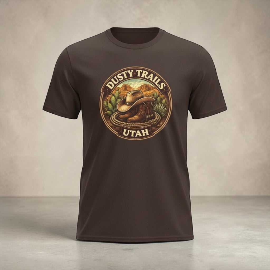 Dusty Trails Utah cowboy hat T-shirt by Big Sky Ranch Co. featuring a rustic cowboy hat graphic on a casual cotton tee.