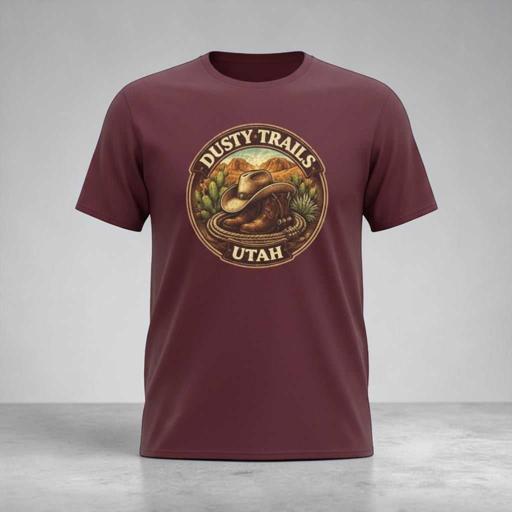 Big Sky Ranch Co. Dusty Trails Utah Cowboy Hat T-Shirt featuring a graphic print of a cowboy hat and desert scene.