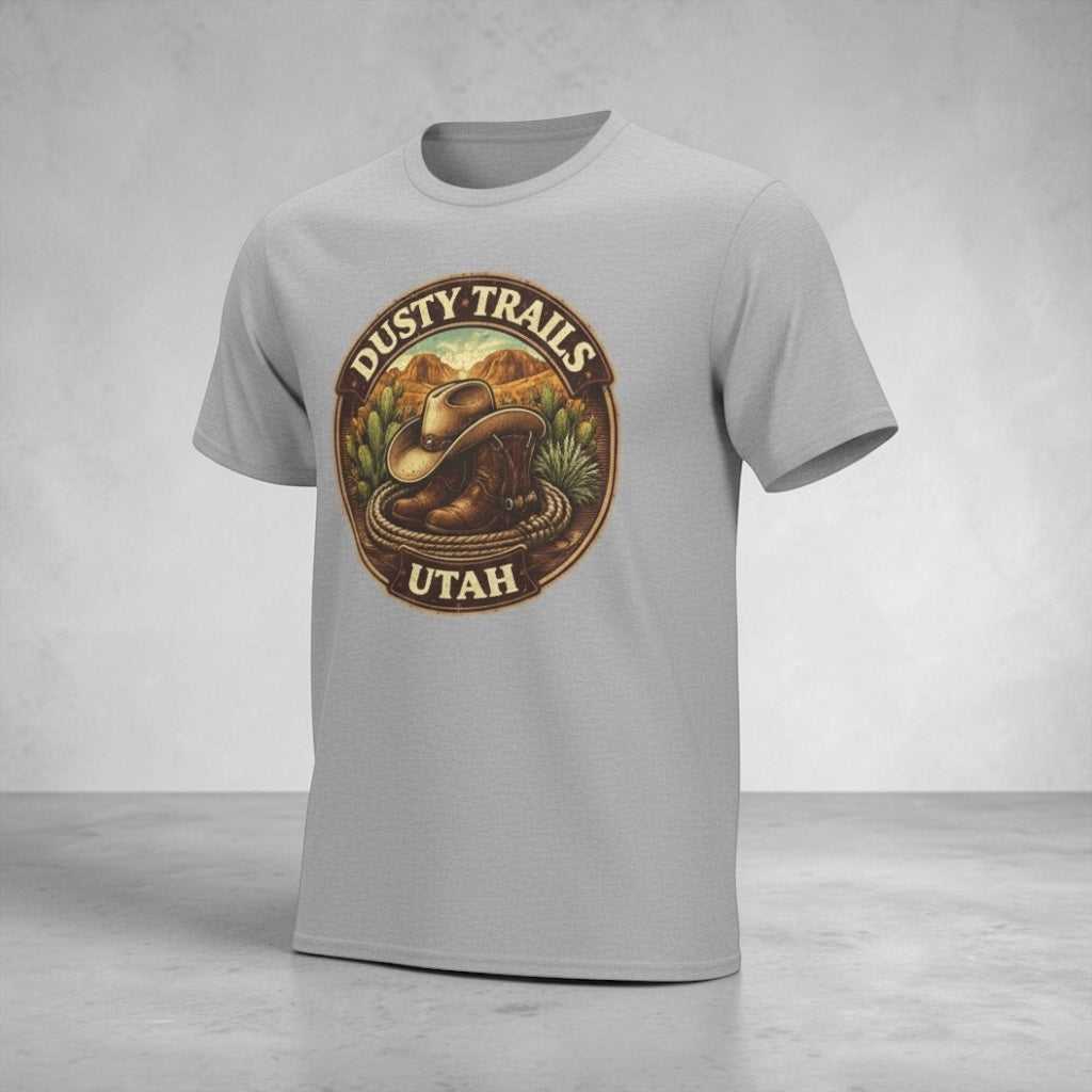 Big Sky Ranch Co. Dusty Trails Utah cowboy hat t-shirt featuring a Western-themed graphic design on soft cotton fabric.