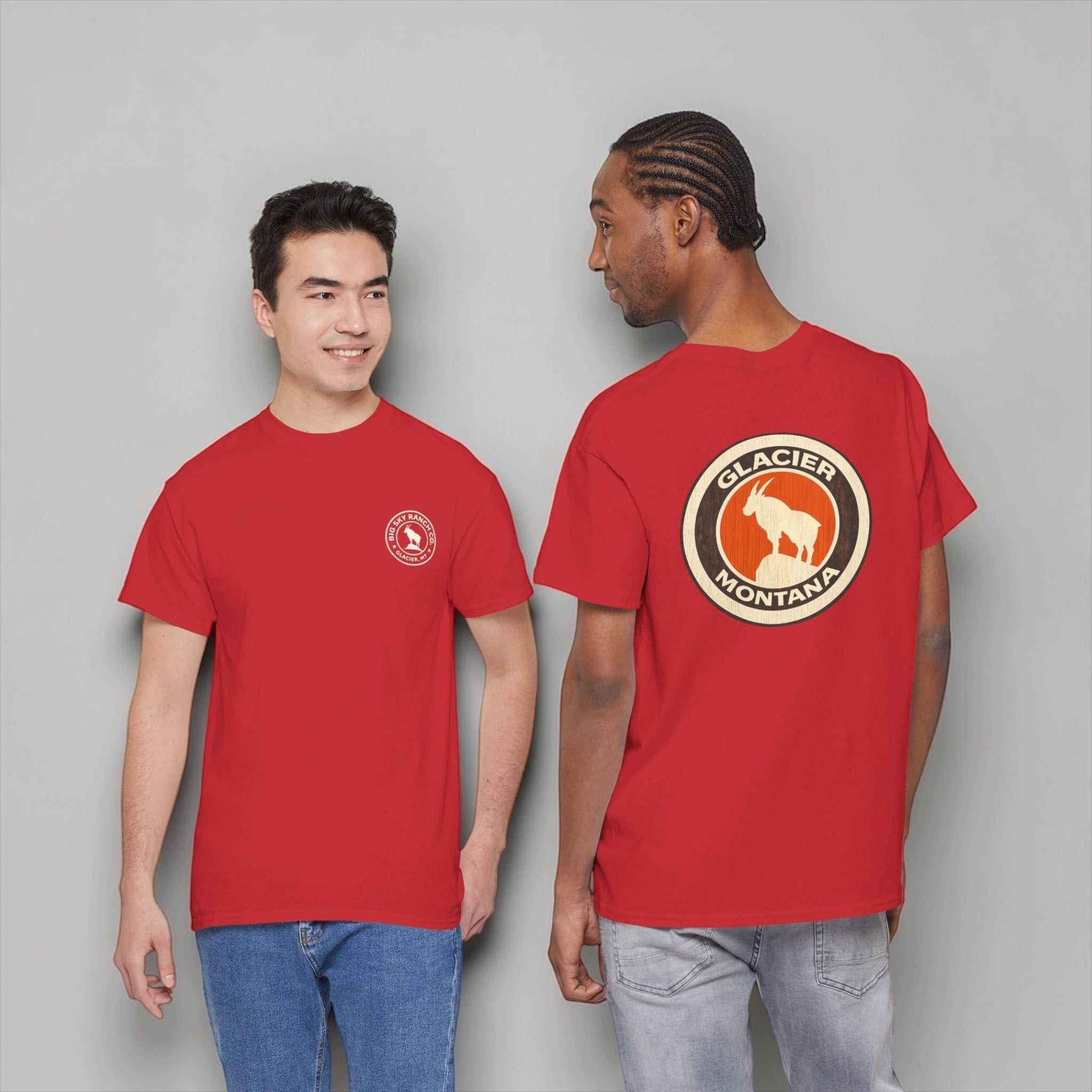 Big Sky Ranch Co. Glacier Montana Mountain Goat T-shirt featuring a mountain goat illustration on soft cotton fabric.
