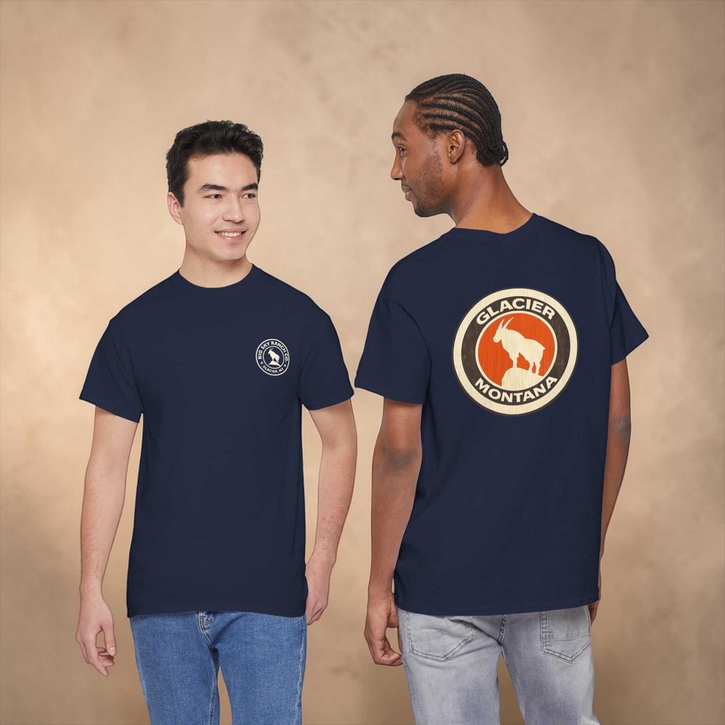 Big Sky Ranch Co. Glacier Montana Mountain Goat T-Shirt featuring a mountain goat graphic on a casual tee.