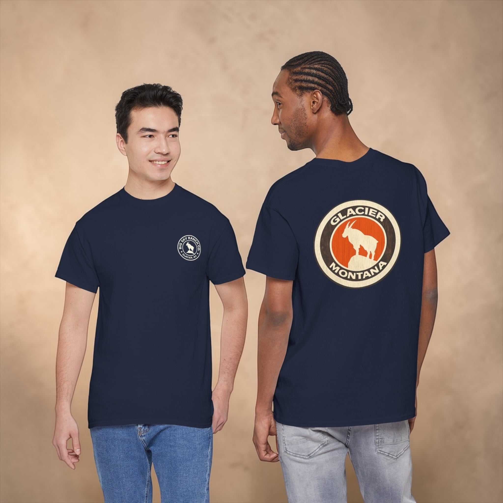 Big Sky Ranch Co. Glacier Montana Mountain Goat T-Shirt featuring a mountain goat graphic on a casual tee.