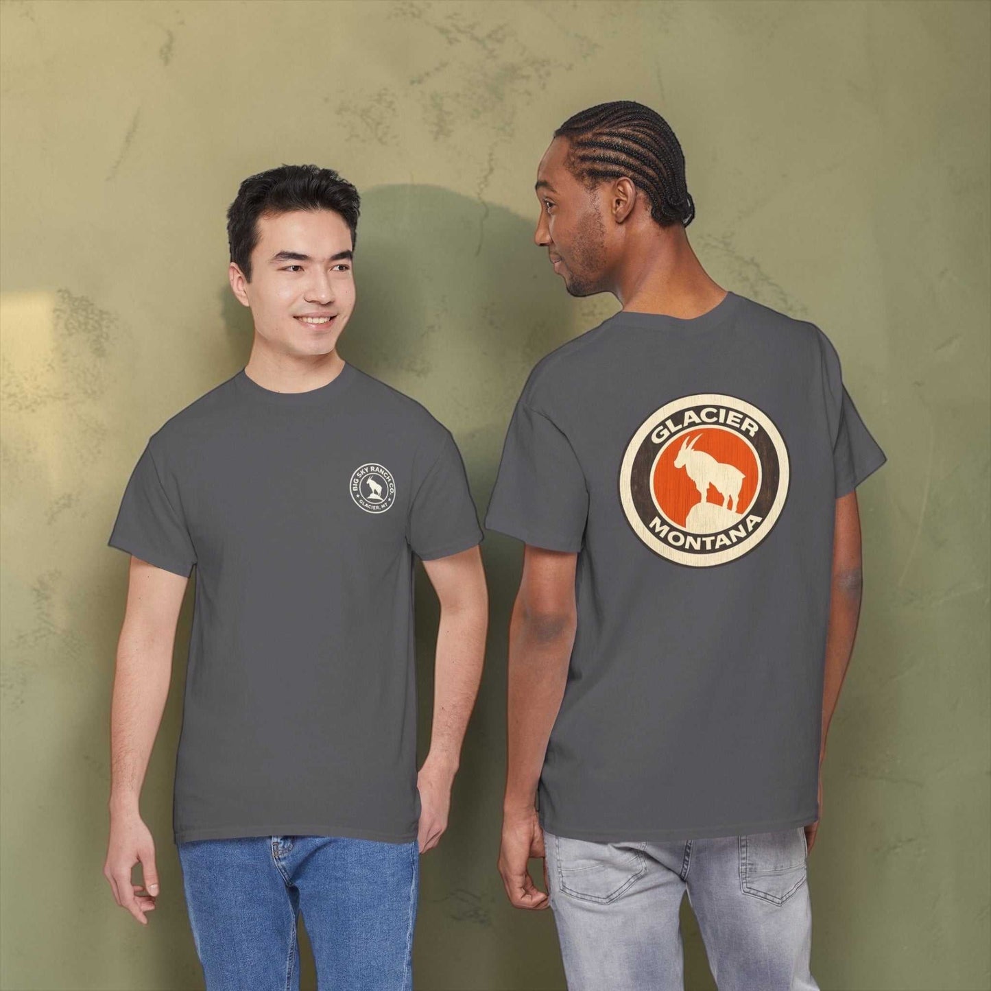 Big Sky Ranch Co. Glacier Montana Mountain Goat T-Shirt featuring a mountain goat graphic on a casual cotton tee.