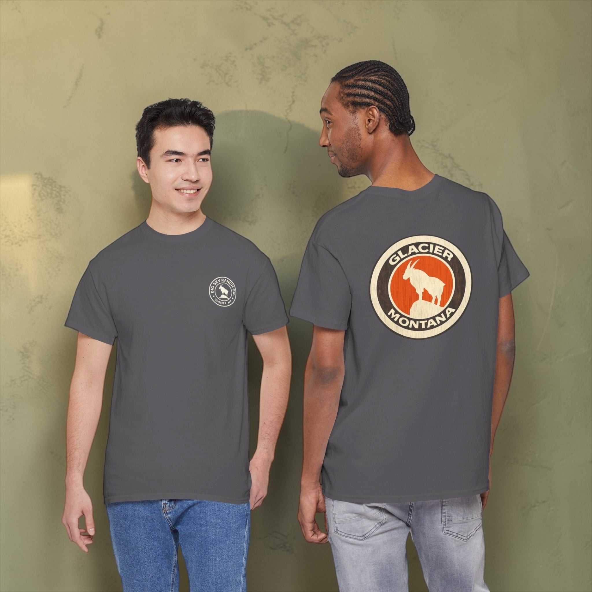 Big Sky Ranch Co. Glacier Montana Mountain Goat T-Shirt featuring a mountain goat graphic on a casual cotton tee.