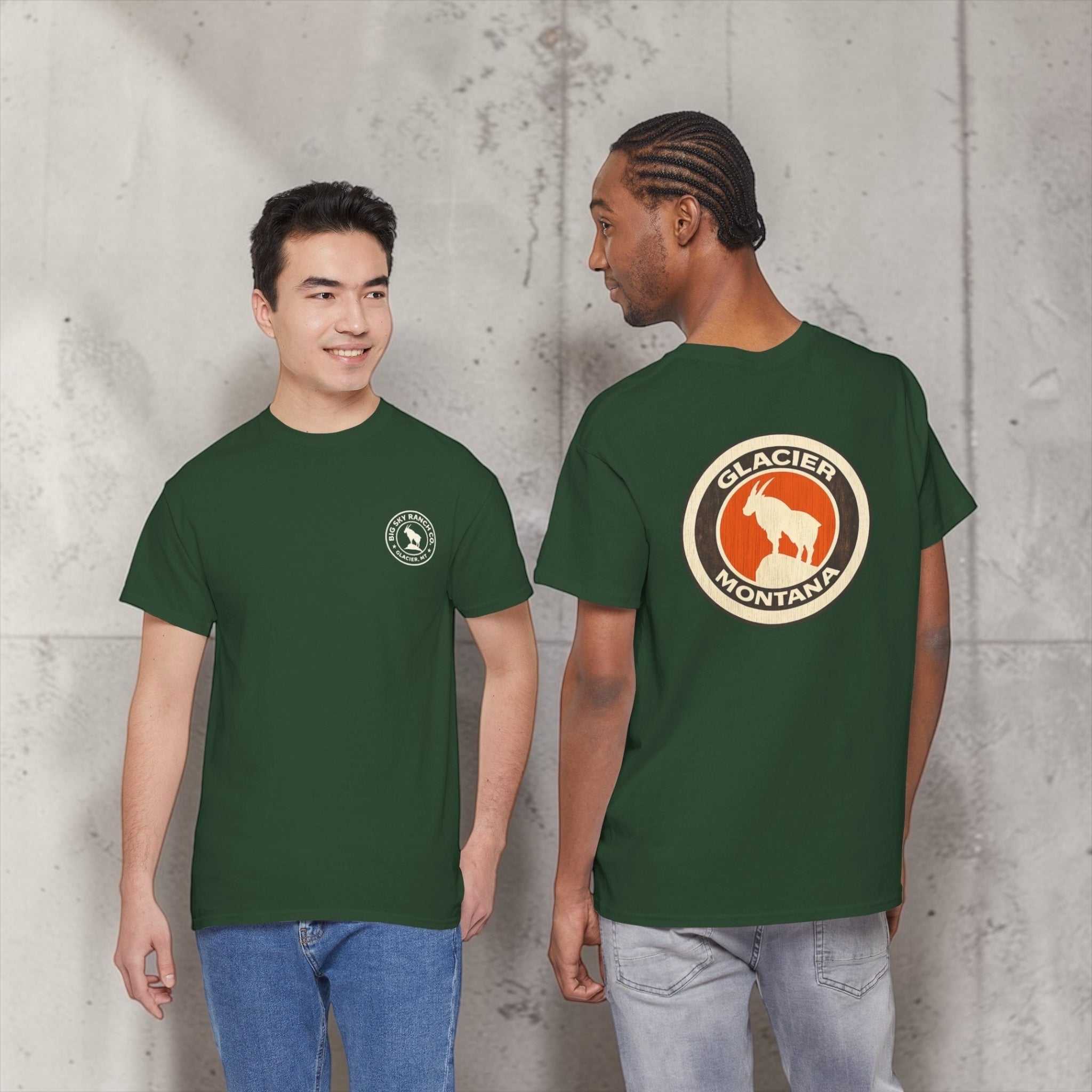 Big Sky Ranch Co. Glacier Montana Mountain Goat T-Shirt featuring a mountain goat graphic on a comfortable casual tee.
