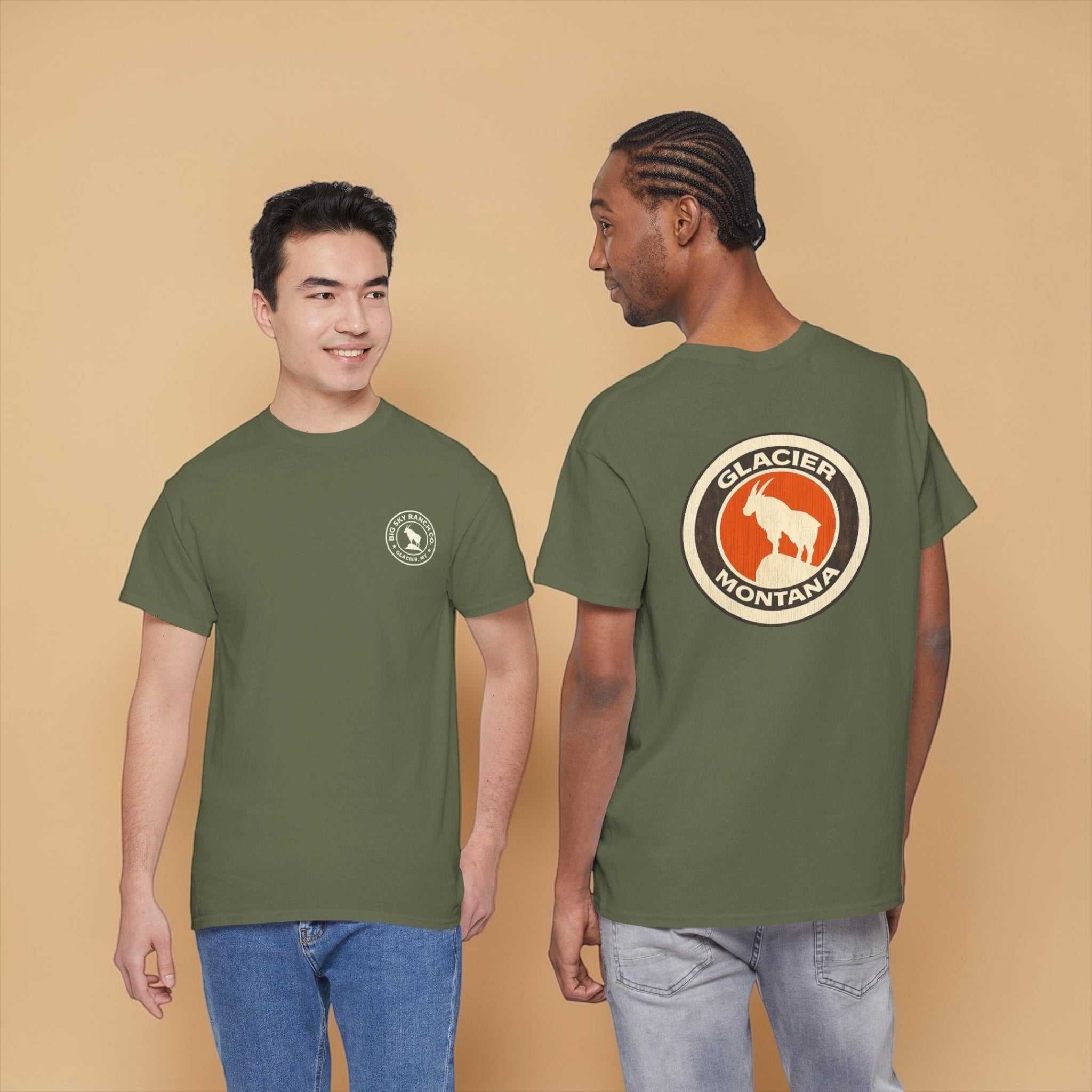 Big Sky Ranch Co. Glacier Montana Mountain Goat T-Shirt featuring a mountain goat graphic on soft fabric.