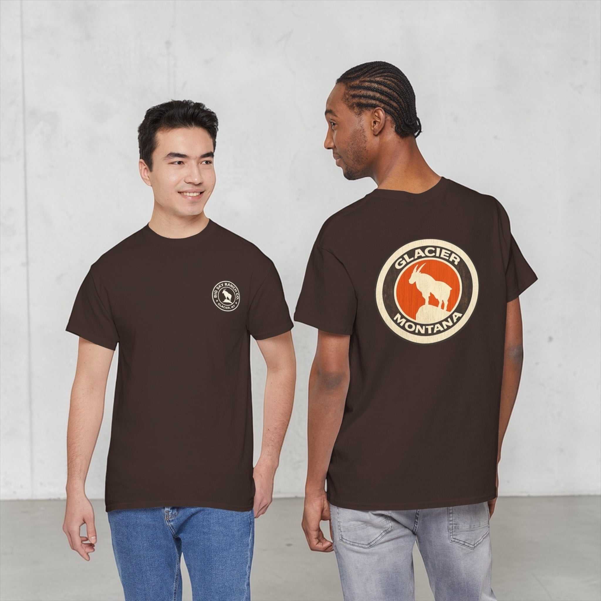 Big Sky Ranch Co. Glacier Montana Mountain Goat T-Shirt featuring a mountain goat illustration on soft fabric.