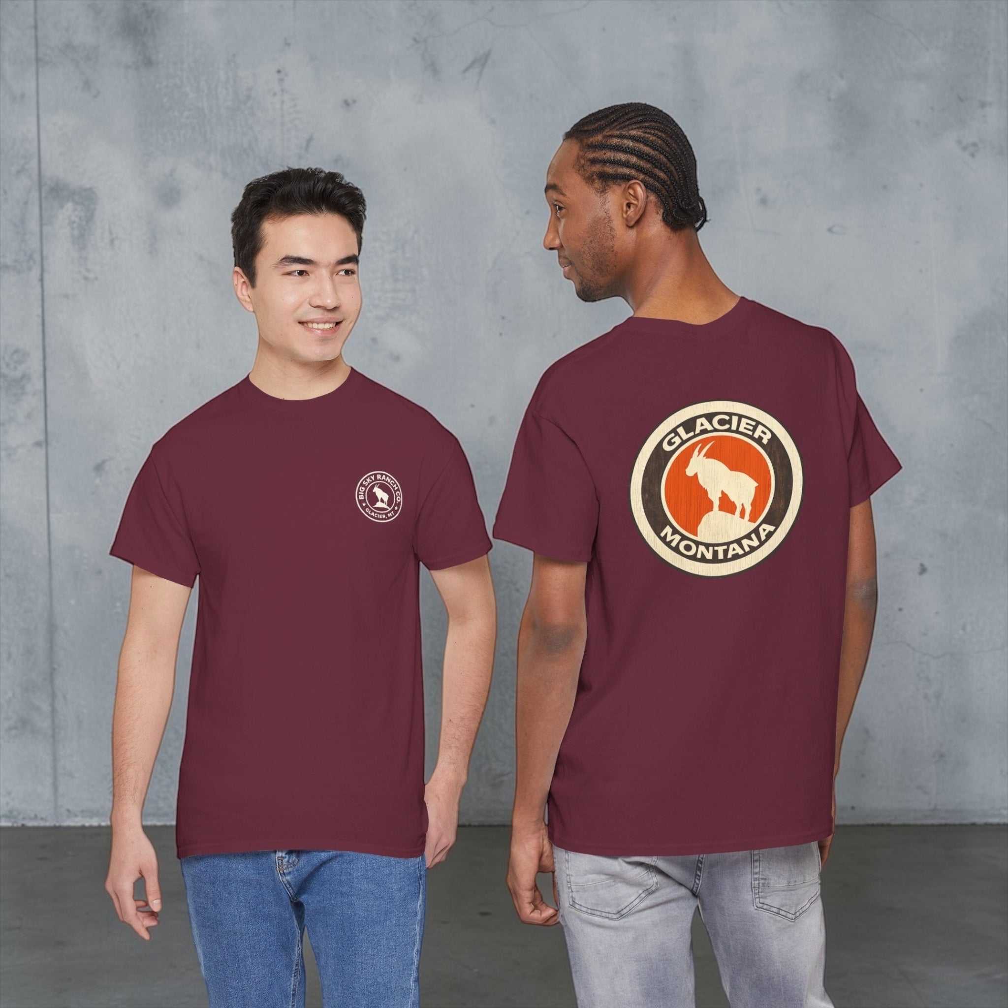 Big Sky Ranch Co. Glacier Montana Mountain Goat T-Shirt featuring a mountain goat illustration on soft fabric.