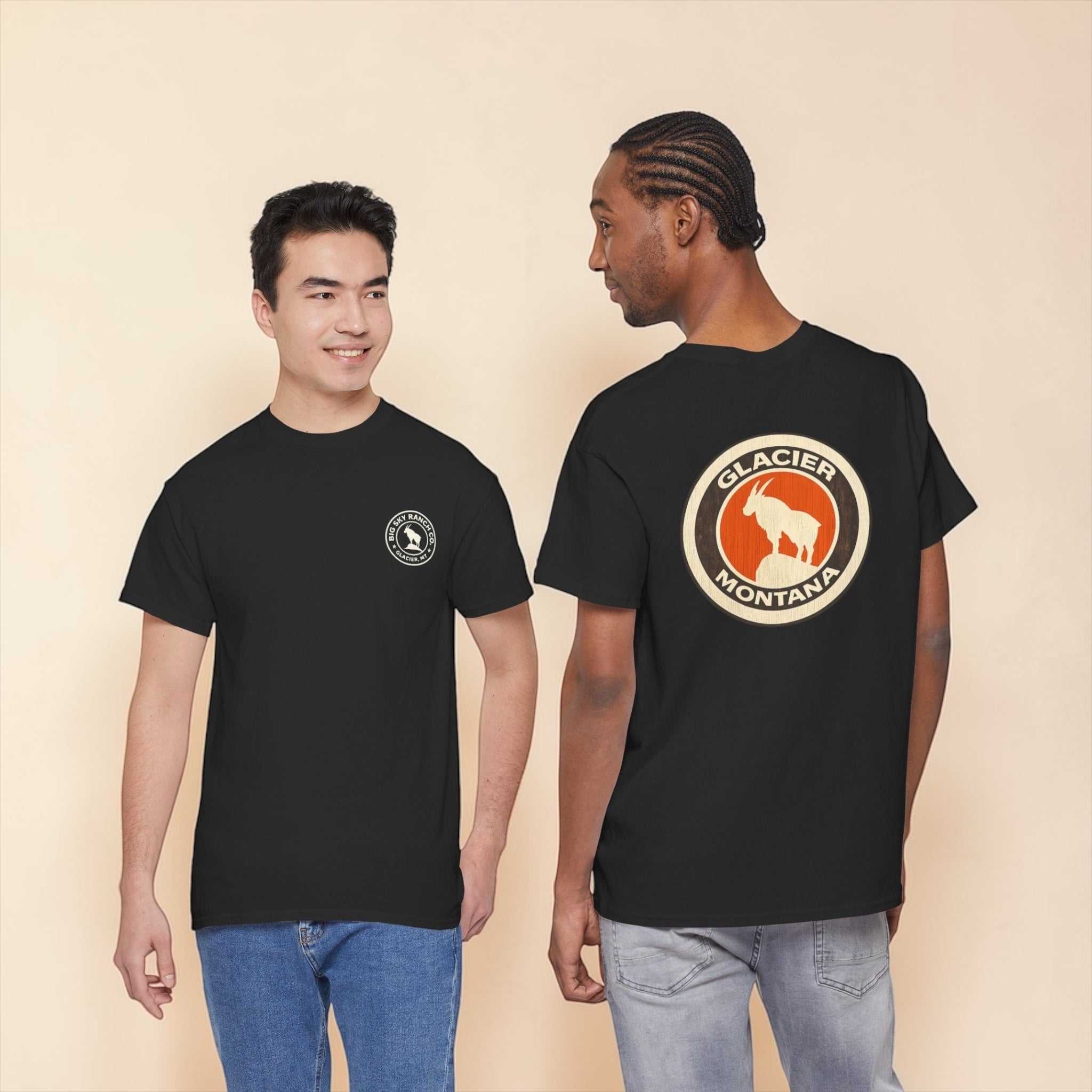 Big Sky Ranch Co. Glacier Montana Mountain Goat T-Shirt featuring a mountain goat graphic on soft fabric.