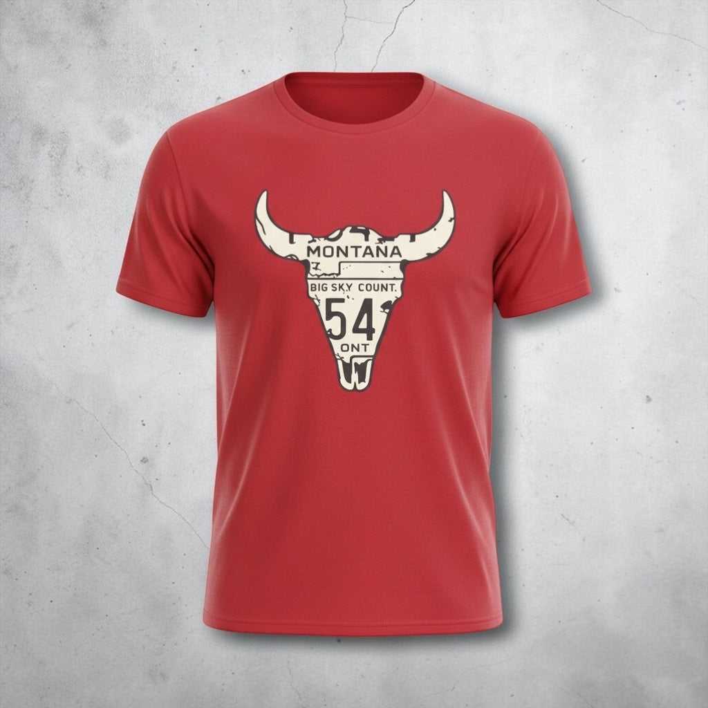 Big Sky Ranch Co. Montana Longhorn license plate graphic T-shirt featuring western style design and Texas Longhorn illustration.