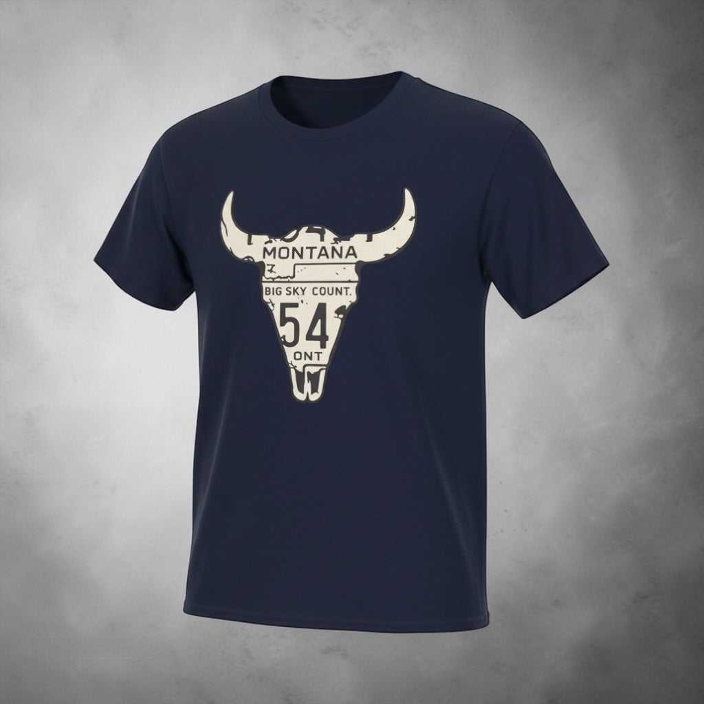Montana license plate Longhorn T-shirt by Big Sky Ranch Co., featuring western design and Longhorn graphic on a casual tee.