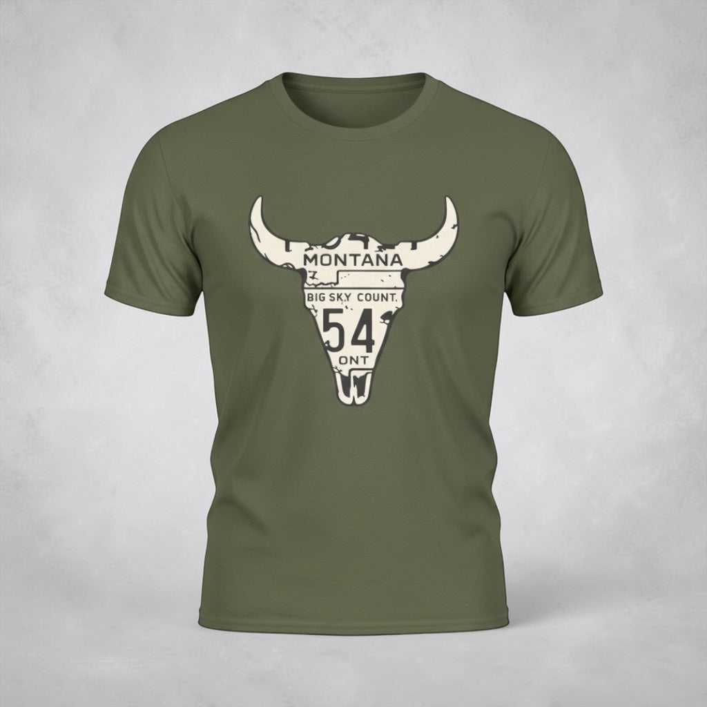 Big Sky Ranch Co. Montana Longhorn license plate Western T-Shirt featuring a rugged Longhorn design on a casual tee.