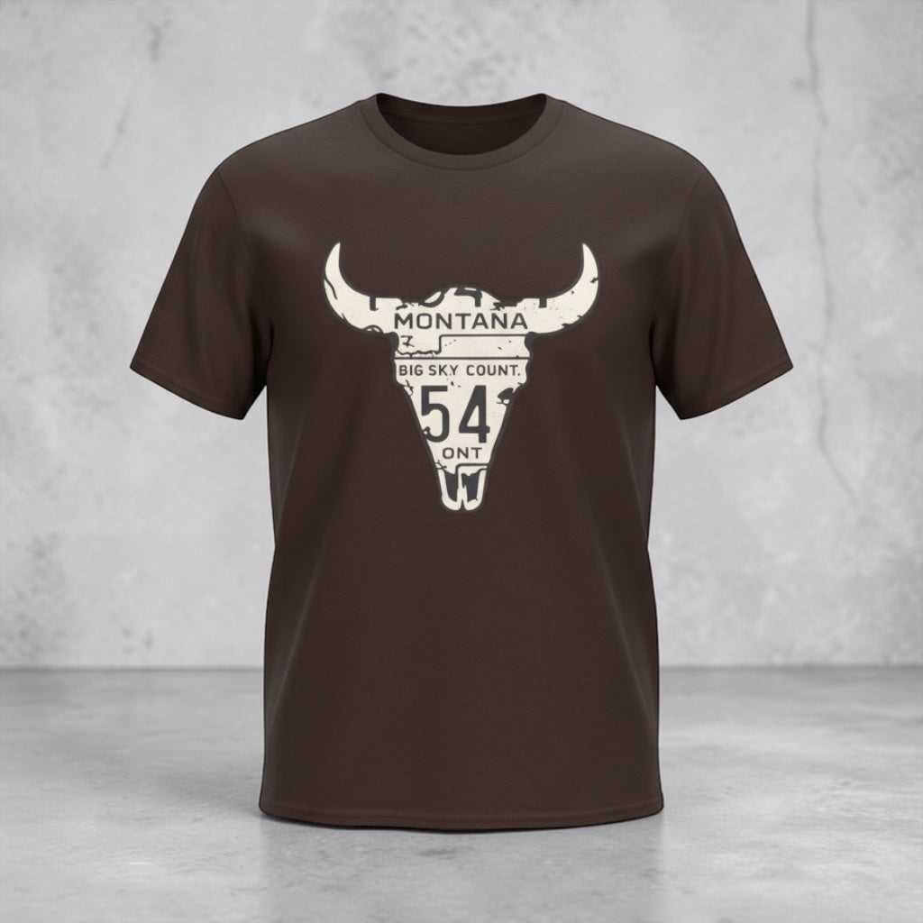 Big Sky Ranch Co. Montana Longhorn T-Shirt featuring a license plate design and western style, ideal for country and outdoor enthusiasts.
