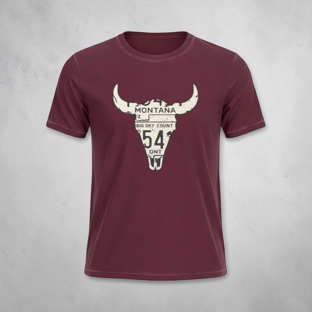 Big Sky Ranch Co. Montana Longhorn T-Shirt featuring a Western-inspired design and Montana license plate graphic.