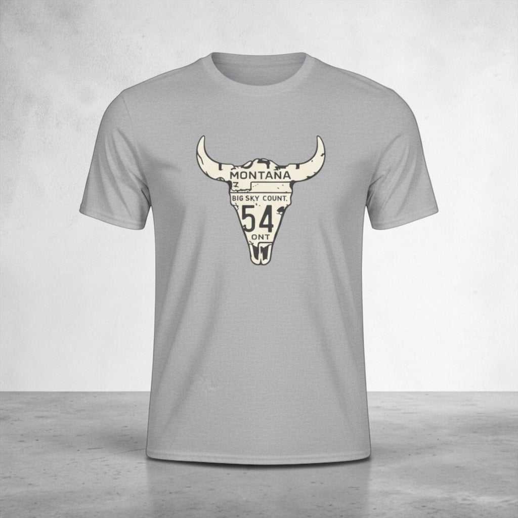 Big Sky Ranch Co. Montana Longhorn License Plate T-Shirt featuring a western design on a casual cotton tee.