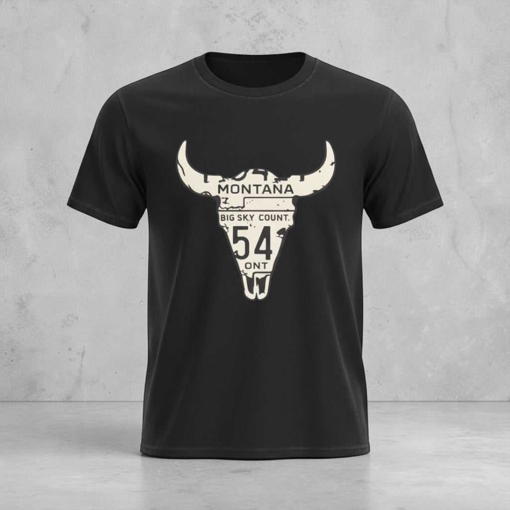 Big Sky Ranch Co. Montana Longhorn T-Shirt featuring a Western design and license plate graphic, perfect for country style.