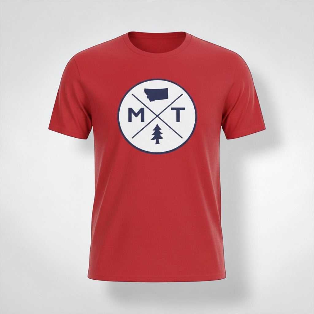 Big Sky Ranch Co. Montana Adventure T-shirt featuring MT logo and pine tree design on soft cotton fabric.