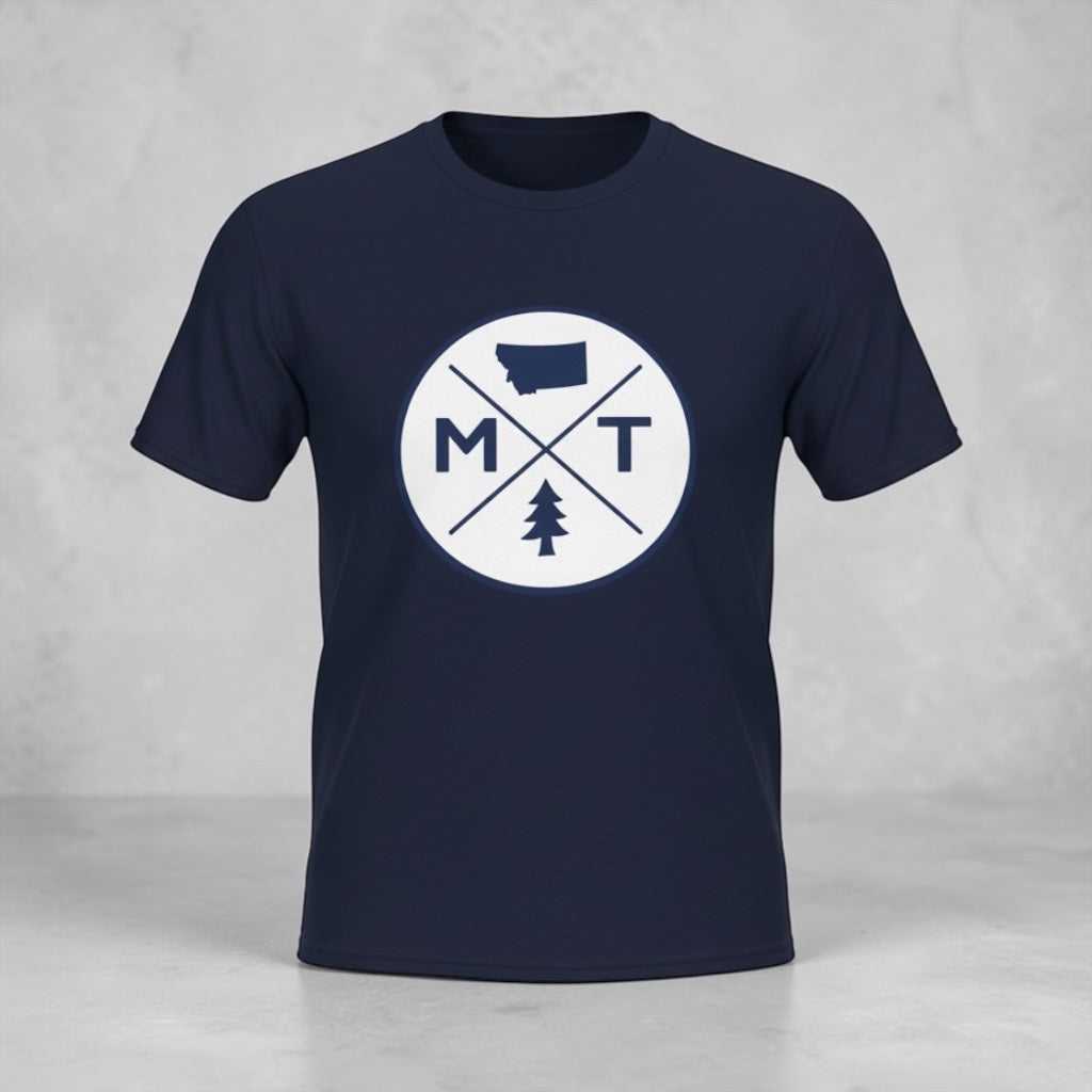 Big Sky Ranch Co. Montana Adventure T-Shirt featuring MT logo with pine tree design on front.