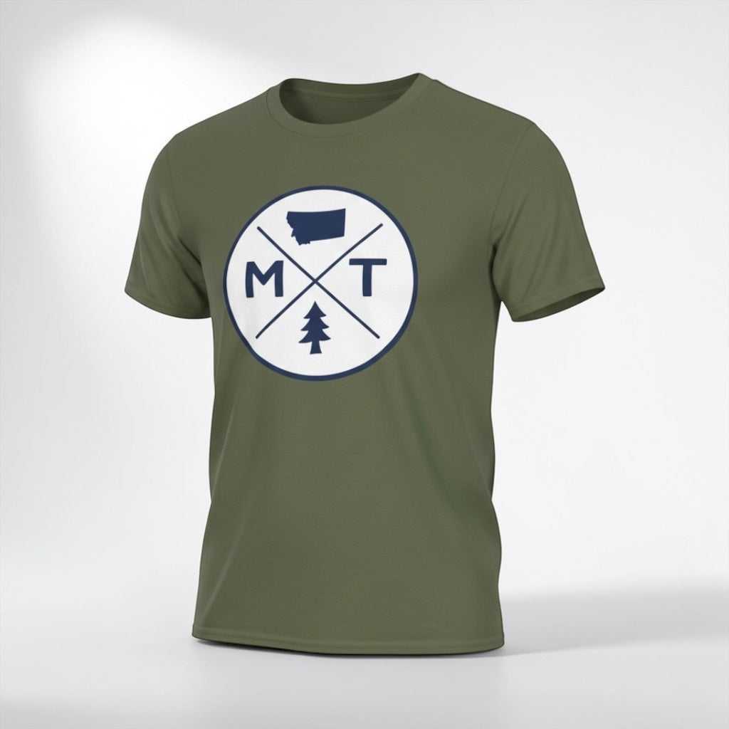 Big Sky Ranch Co. Montana Adventure T-Shirt featuring MT logo and pine tree design on soft cotton fabric.