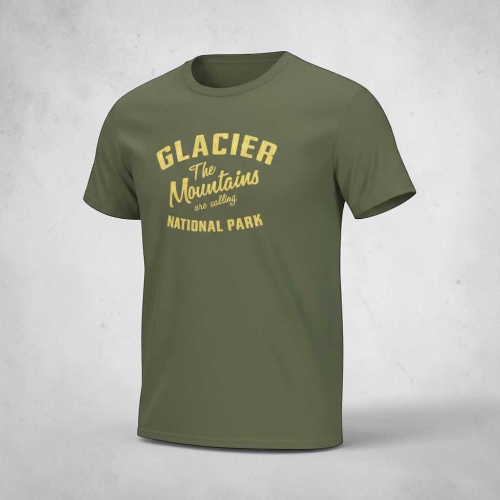 Vintage Glacier National Park T-shirt by Big Sky Ranch Co. featuring mountain scene and park logo in classic design.