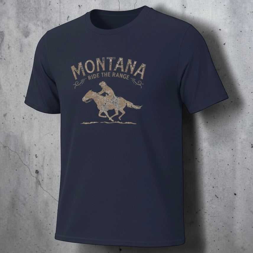 Rustic Montana Rodeo Horse T-Shirt by Big Sky Ranch Co. featuring a cowboy riding a horse in Western style.