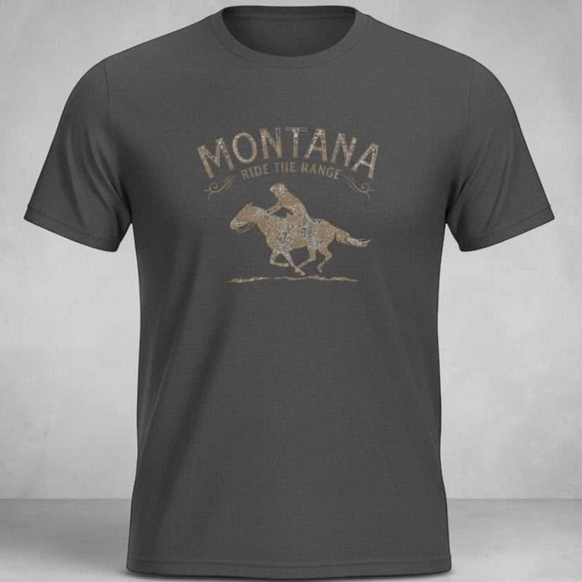 Rustic Montana Rodeo Horse T-Shirt by Big Sky Ranch Co., featuring a western cowboy design on a comfortable casual tee.