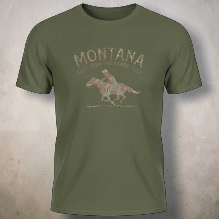 Rustic Montana Rodeo Horse T-Shirt by Big Sky Ranch Co. featuring a western cowboy design on a comfortable casual tee.