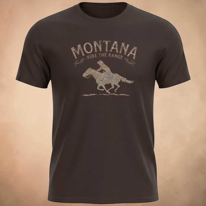 Rustic Montana Rodeo Horse T-Shirt by Big Sky Ranch Co. featuring a western cowboy horse design on a casual tee.