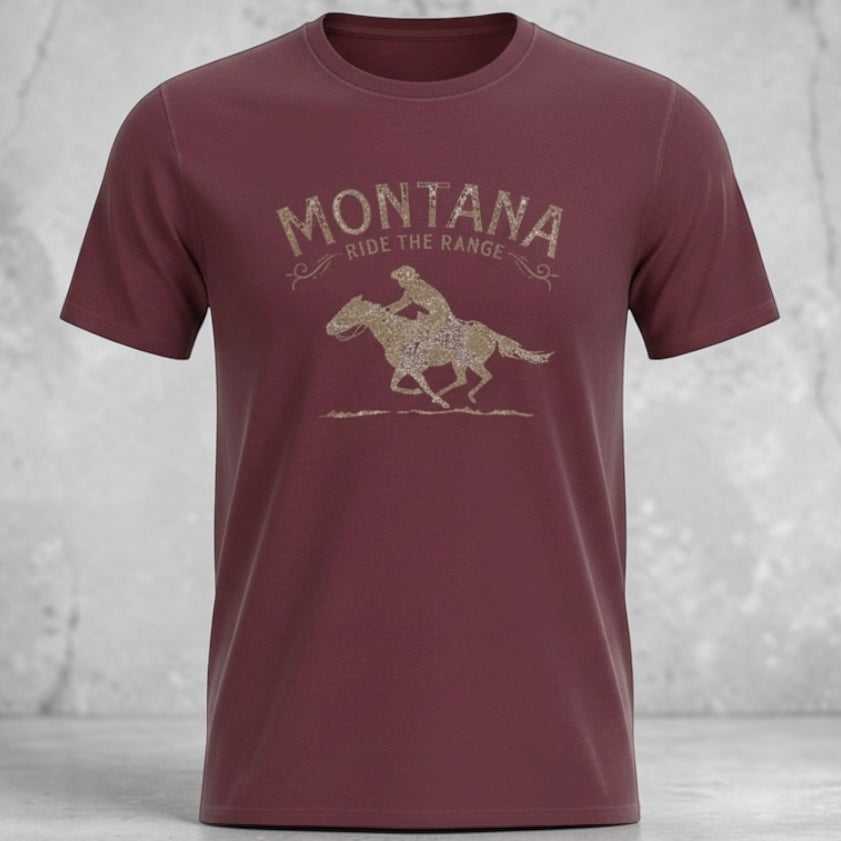 Rustic Montana Rodeo Horse T-Shirt by Big Sky Ranch Co. featuring a western cowboy design on a casual cotton T-shirt.