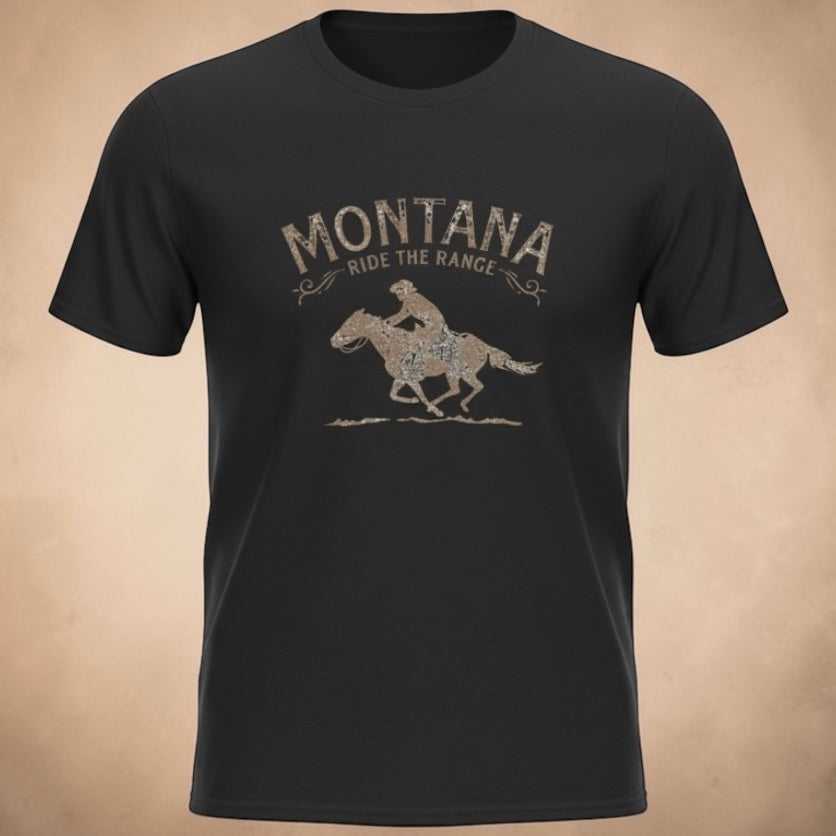 Rustic cowboy Montana Rodeo Horse T-Shirt by Big Sky Ranch Co., featuring a western-themed horse graphic on casual cotton tee.