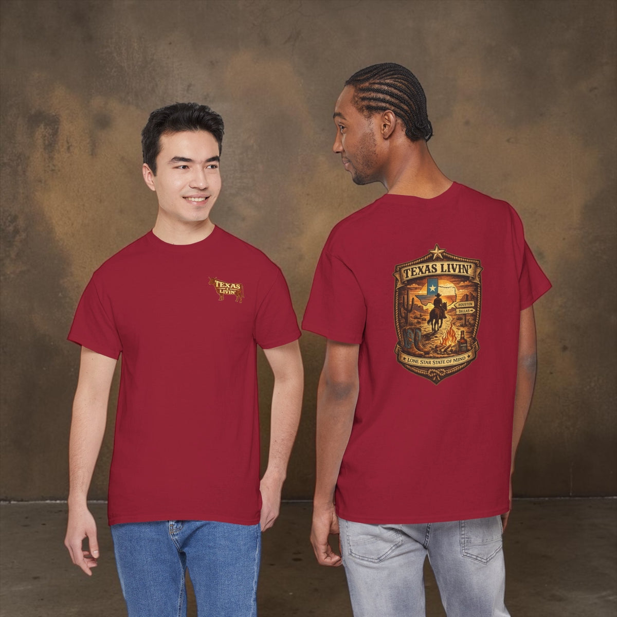 Big Sky Ranch Co. Texas Livin' Cowboy T-Shirt with western rodeo graphic and cowboy images on soft cotton fabric.