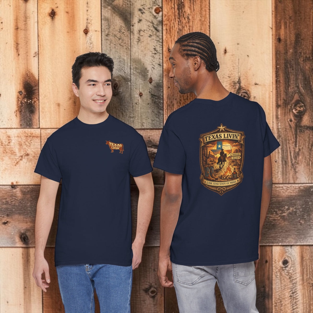 Two men wearing dark gray T-shirts with Texas Livin' logo, standing against a white background