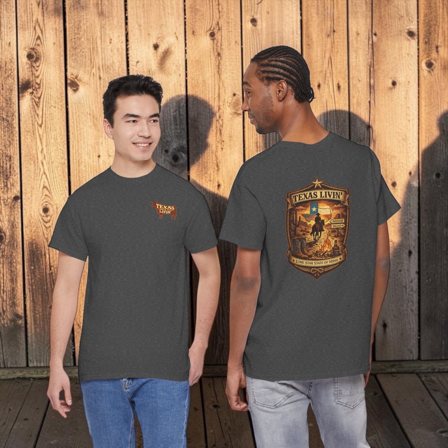 Two men wearing navy blue T-shirts with Texas Livin' logo, standing against a wooden background