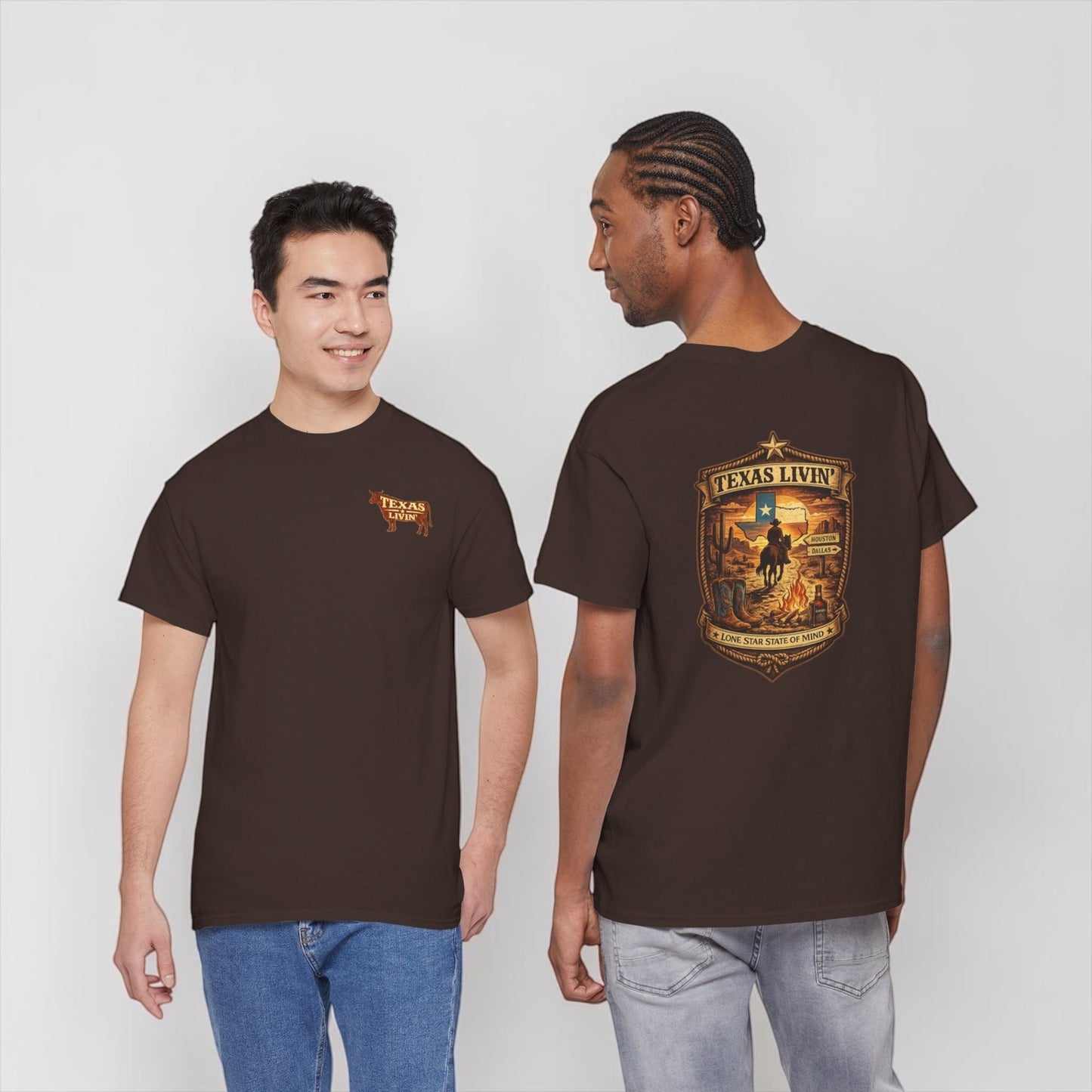 Two men wearing red T-shirts with Texas Livin' logo, standing against a textured wall